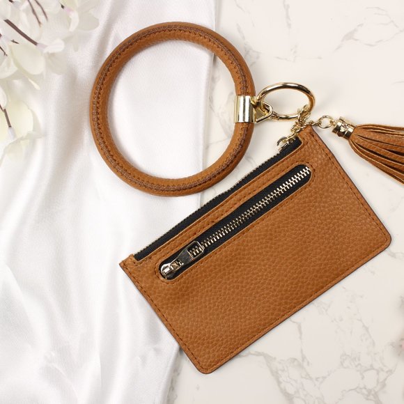 Pebbled Leather Bangle Keychain with Mini Purse and Tassel - Picture 3 of 10